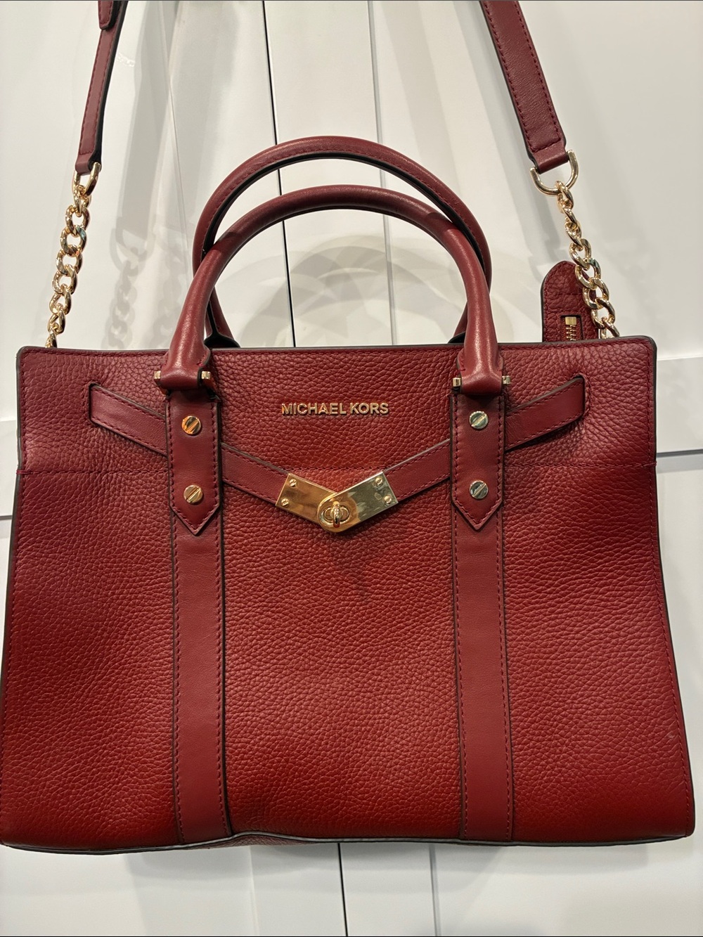 Michael Kors Burgundy Pebbled Leather Satchel with Gold Hardware